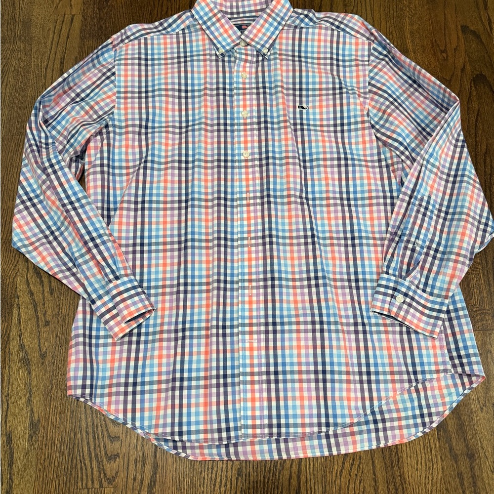 Vineyard Vines Men's Blue, Purple and Pink Plaid Shirt